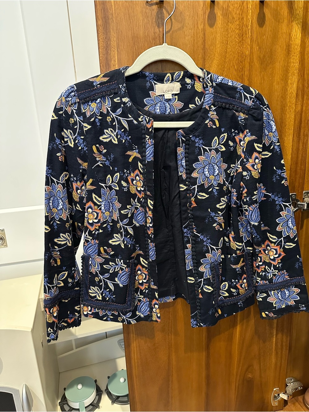 LOFT Navy Floral Print Open-Front Jacket